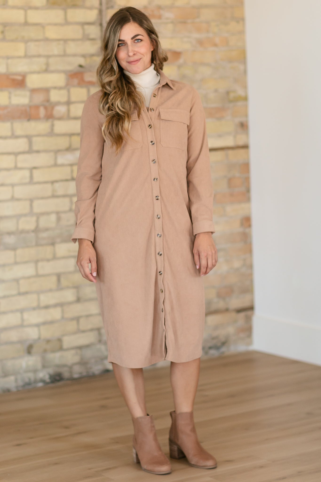 Anika Corduroy Midi Shirt Dress in Brown