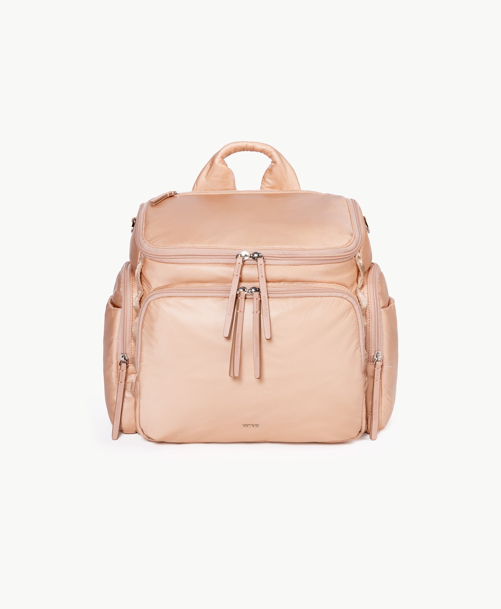 Caraa Baby Bag in blush nylon, featuring multiple compartments for parenting essentials and stylish design.