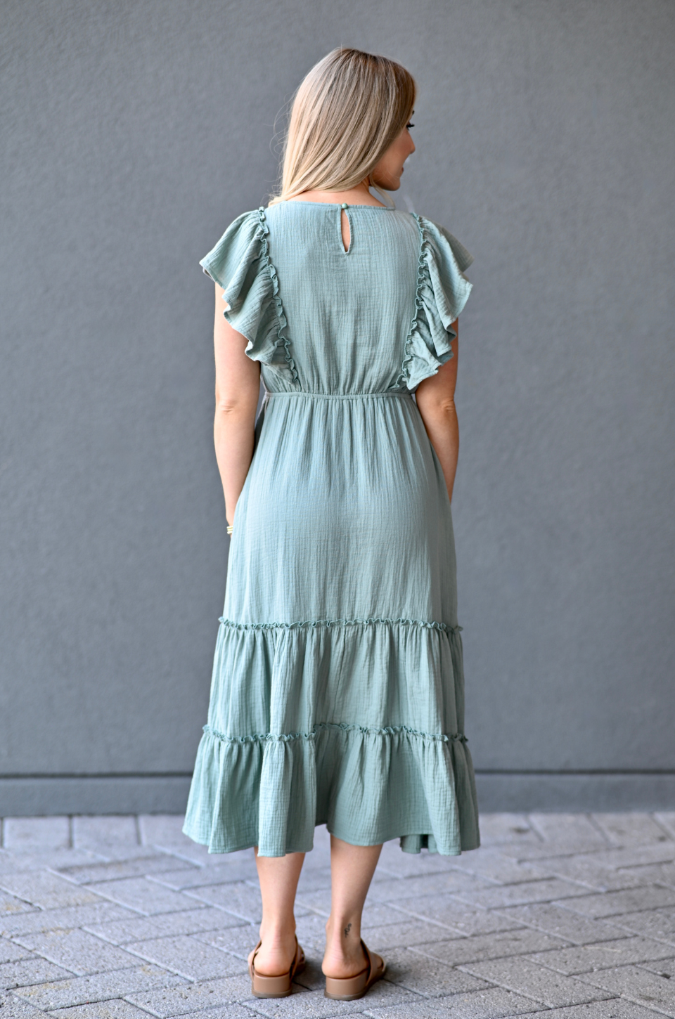 Cotton Gauze Ruffle Midi Dress in Seafoam Green - back