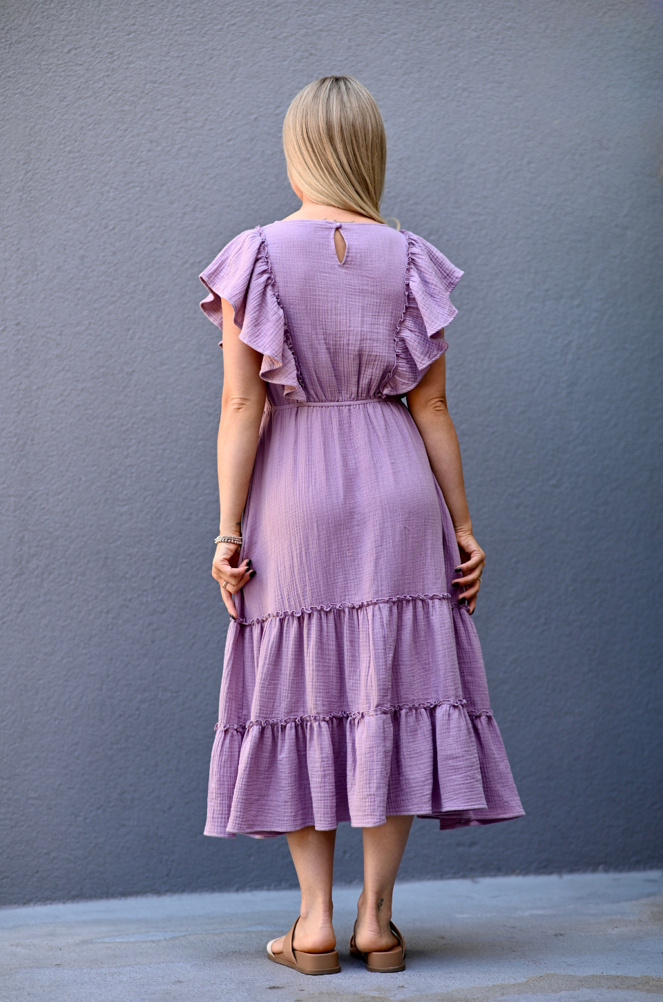 Cotton Gauze Ruffle Midi Dress in Lavender - back