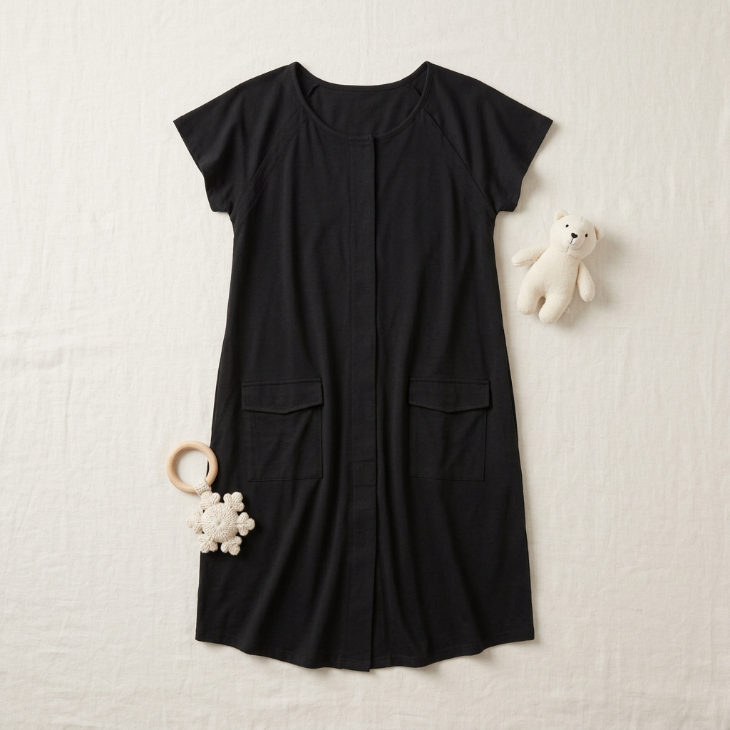 Black labor gown flat lay with winter baby toys