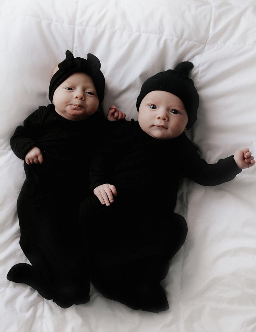 Black Ribbed Knotted Newborn Gown Set | Milk & Baby
