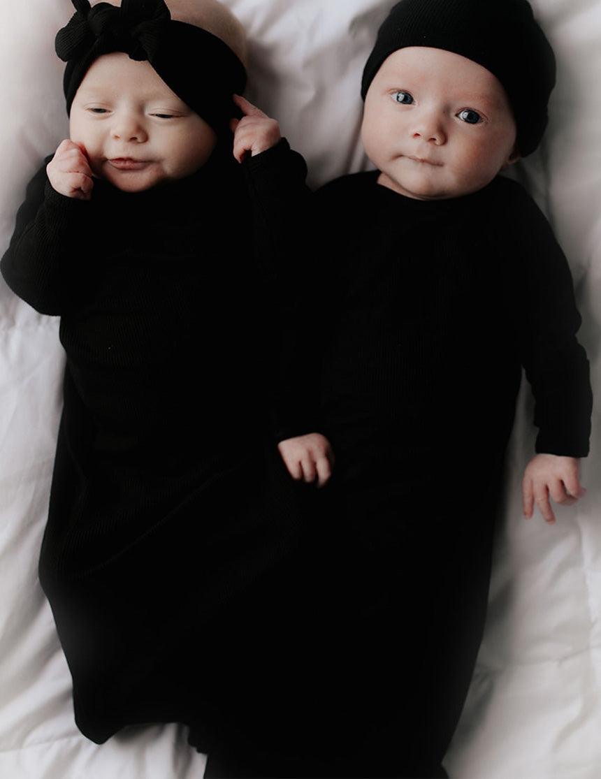 Black Ribbed Knotted Newborn Gown Set | Milk & Baby