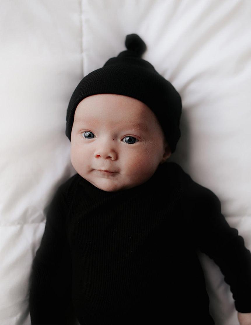 Black Ribbed Knotted Newborn Gown Set | Milk & Baby