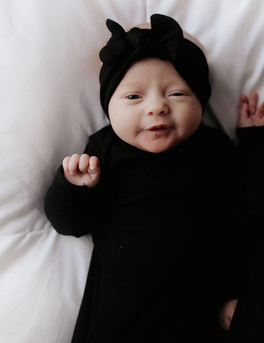 Black Ribbed Knotted Newborn Gown Set | Milk & Baby