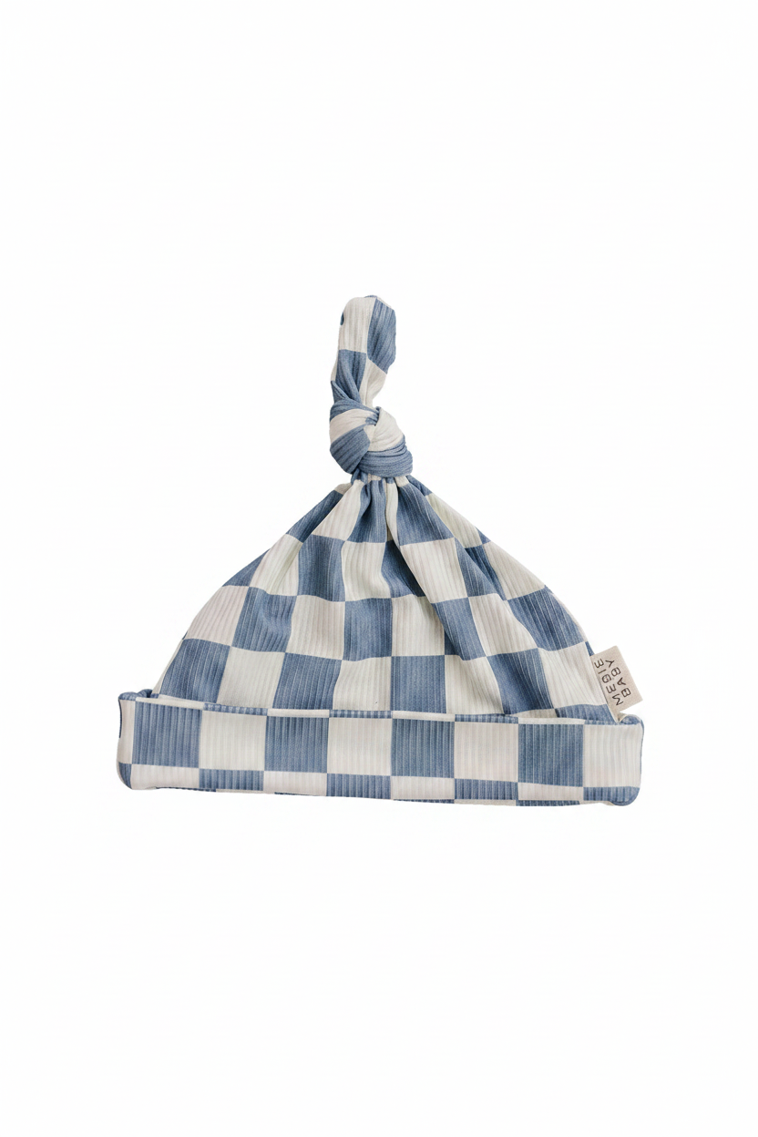 Blue Checkered Bamboo Newborn Knot Hat - Portrait