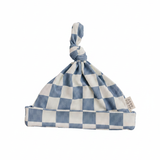Blue Checkered Bamboo Newborn Knot Hat - Portrait