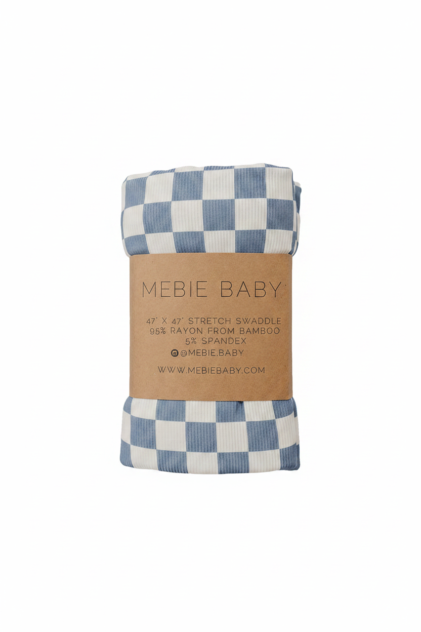 Blue Checkered Ribbed Bamboo Stretch Swaddle - Portrait