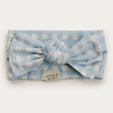 Blue Gingham head wrap with more space and a subtle background