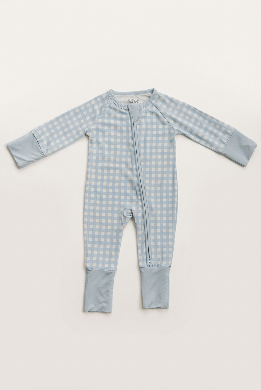 Blue Gingham sleeper with more space and a subtle background