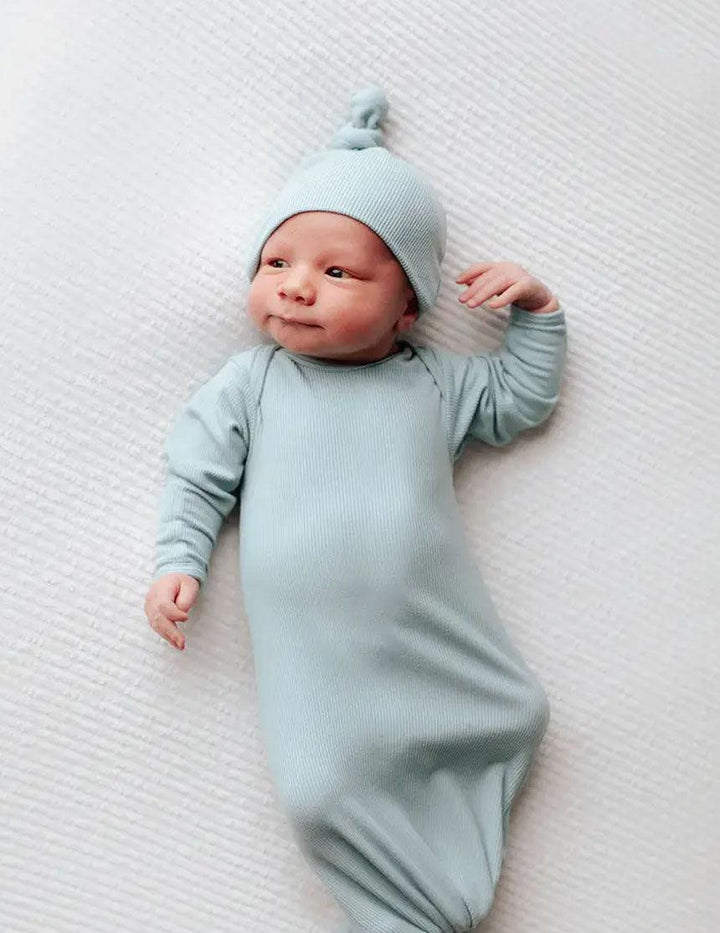 Blue Bird Ribbed Knotted Newborn Gown Set - Milk & Baby 