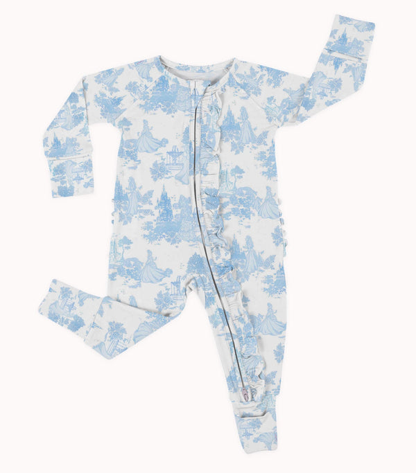 Princess Bleu Toile | Bamboo Ruffle Zippy Romper Milk & Baby