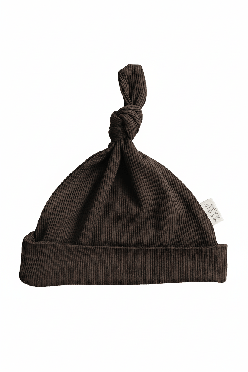 Brown Ribbed Bamboo Newborn Knot Hat - Portrait