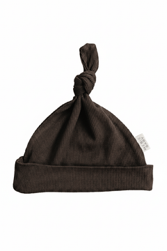 Brown Ribbed Bamboo Newborn Knot Hat - Portrait