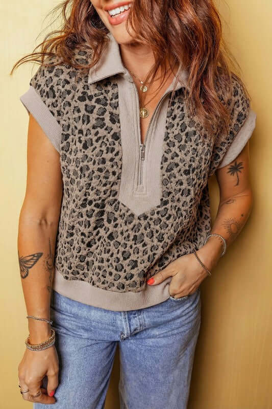 Leopard Zip-Up Cap Sleeve Top | Milk & Baby
