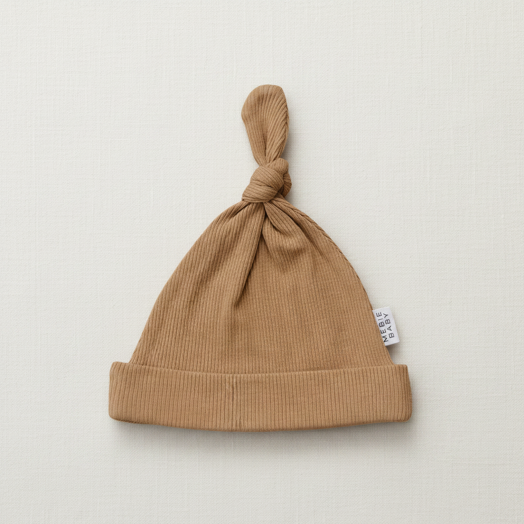 Cafe Organic Ribbed Newborn Knot Hat - Minimal Flat Lay