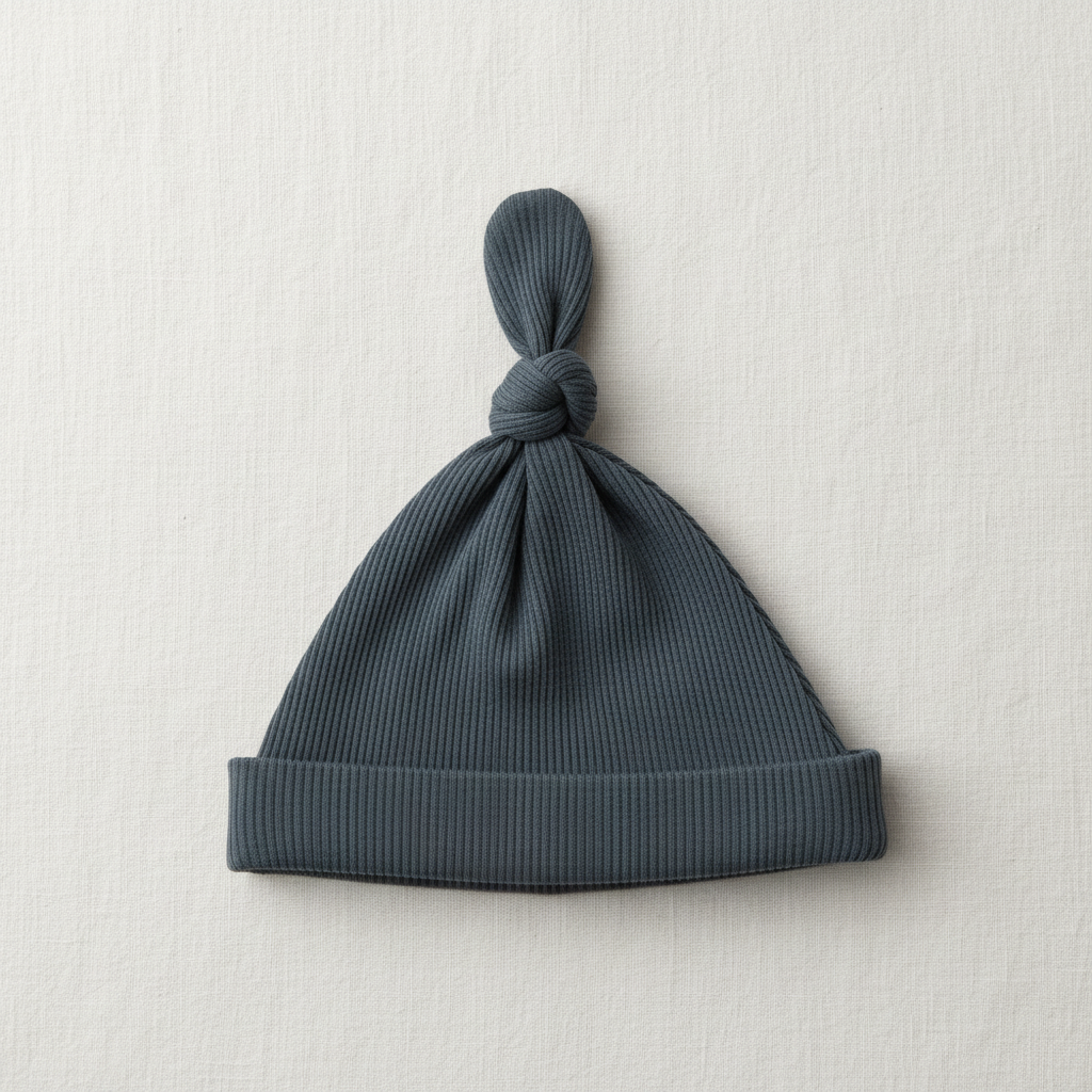 Charcoal Organic Ribbed Newborn Knot Hat - Minimal Flat Lay