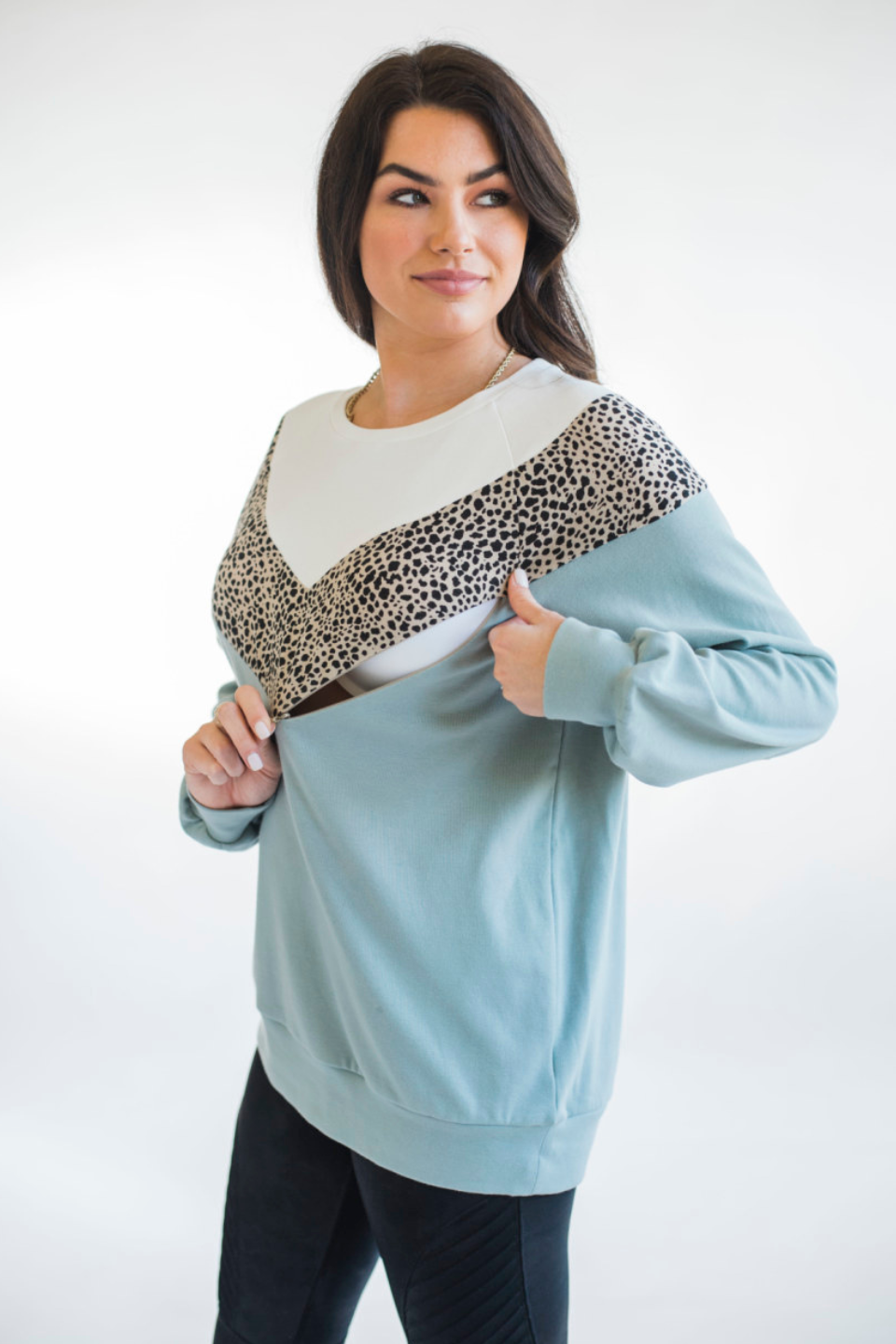 Oversized Chevron Nursing Sweatshirt- Cheetah Sage Milk & Baby