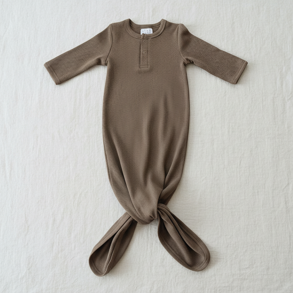 Cocoa Organic Cotton Ribbed Knot Gown - Minimal Flat Lay