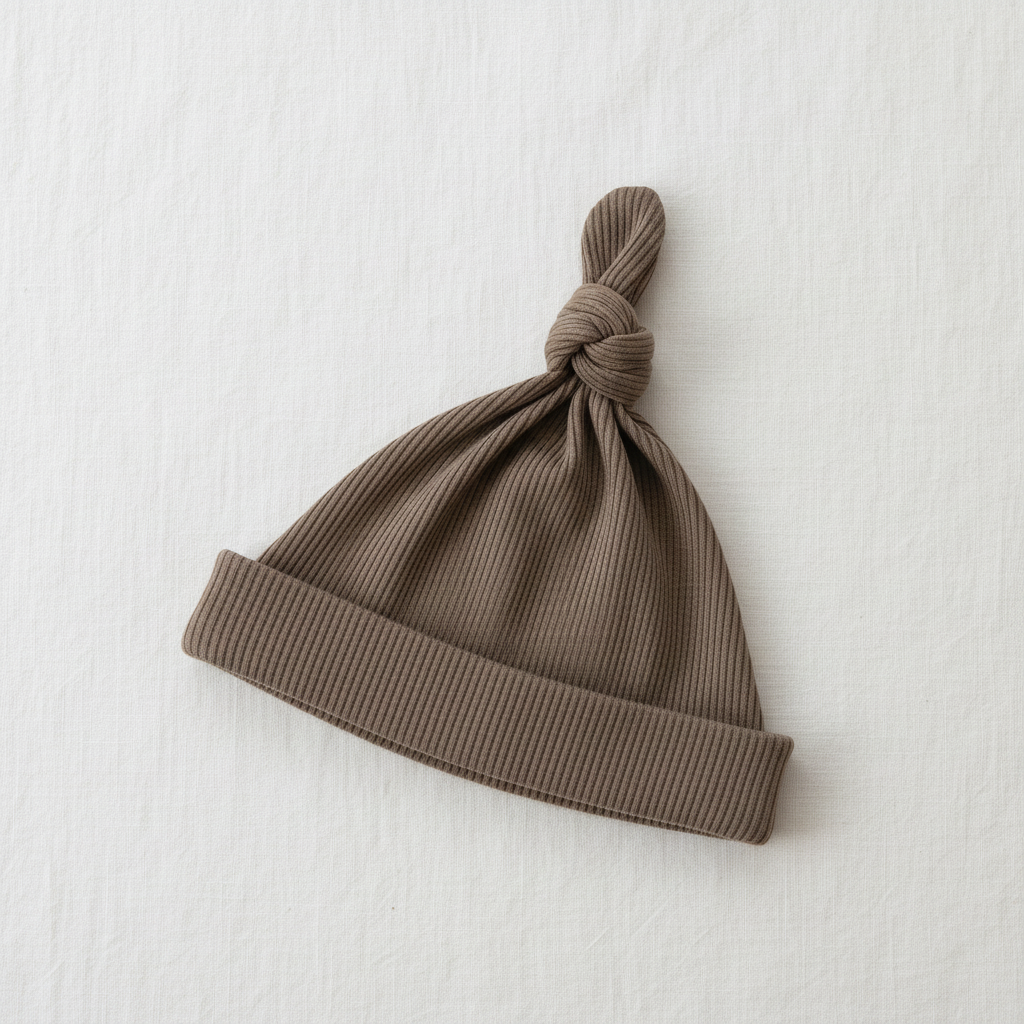 Cocoa Organic Ribbed Newborn Knot Hat - Minimal Flat Lay