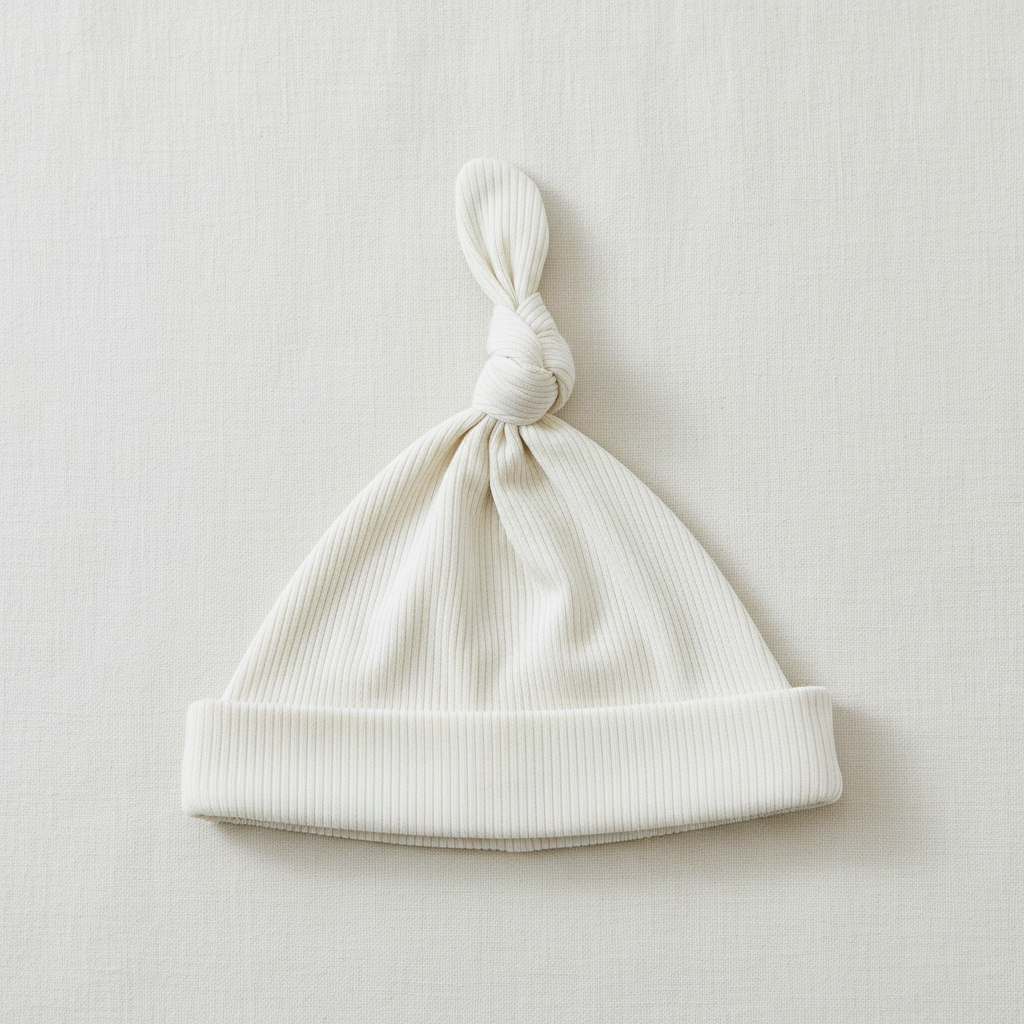 Cream Ribbed Bamboo Newborn Knot Hat - Minimal Flat Lay