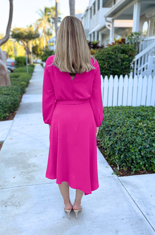 Long Sleeve Crepe Belted Midi Dress | Hot Fuchsia Milk & Baby