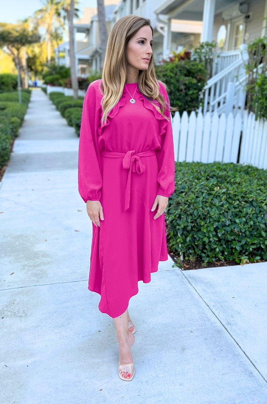 Long Sleeve Crepe Belted Midi Dress - Hot Fuchsia Milk & Baby