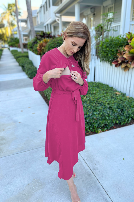 Long Sleeve Crepe Belted Midi Dress - Hot Fuchsia Milk & Baby