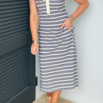 Nursing Friendly Stripe Ruffle Dress - Effortless Charm Blue Stripe / M Nursing Friendly Stripe Ruffle Dress - Effortless Charm Blue Stripe / M