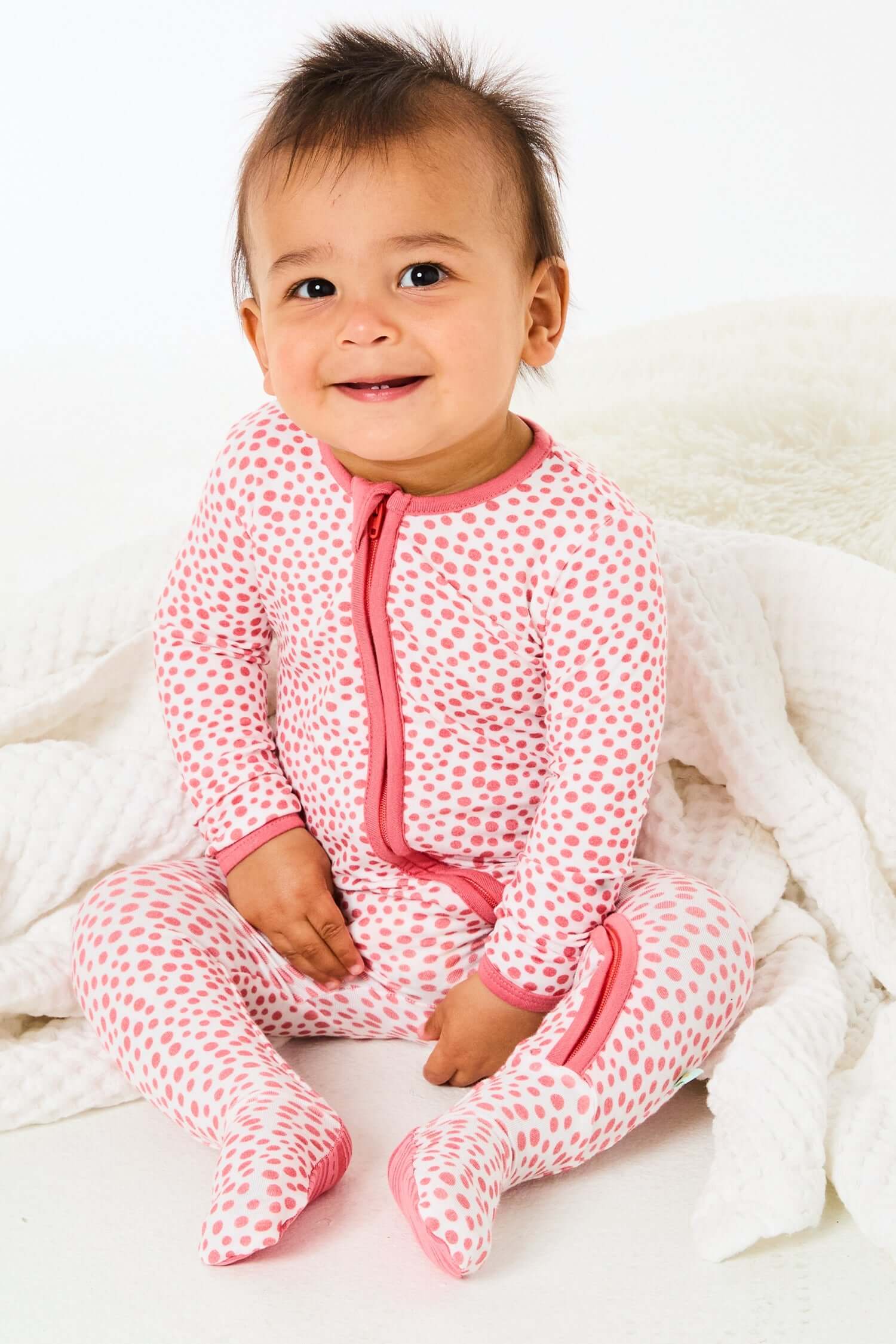Coral Dots | Soft & Stretchy Zipper Footie | Milk & Baby