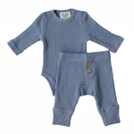 Dusty Blue Waffle Set | Milk & Baby | Comfy, cozy, and cute — our Dusty Blue Waffle Set is an everyday essential. Made from soft waffle-knit fabric, this matching set includes a long sleeve bodysuit and relaxed-fit pants for a cozy, all-day feel. Snaps at