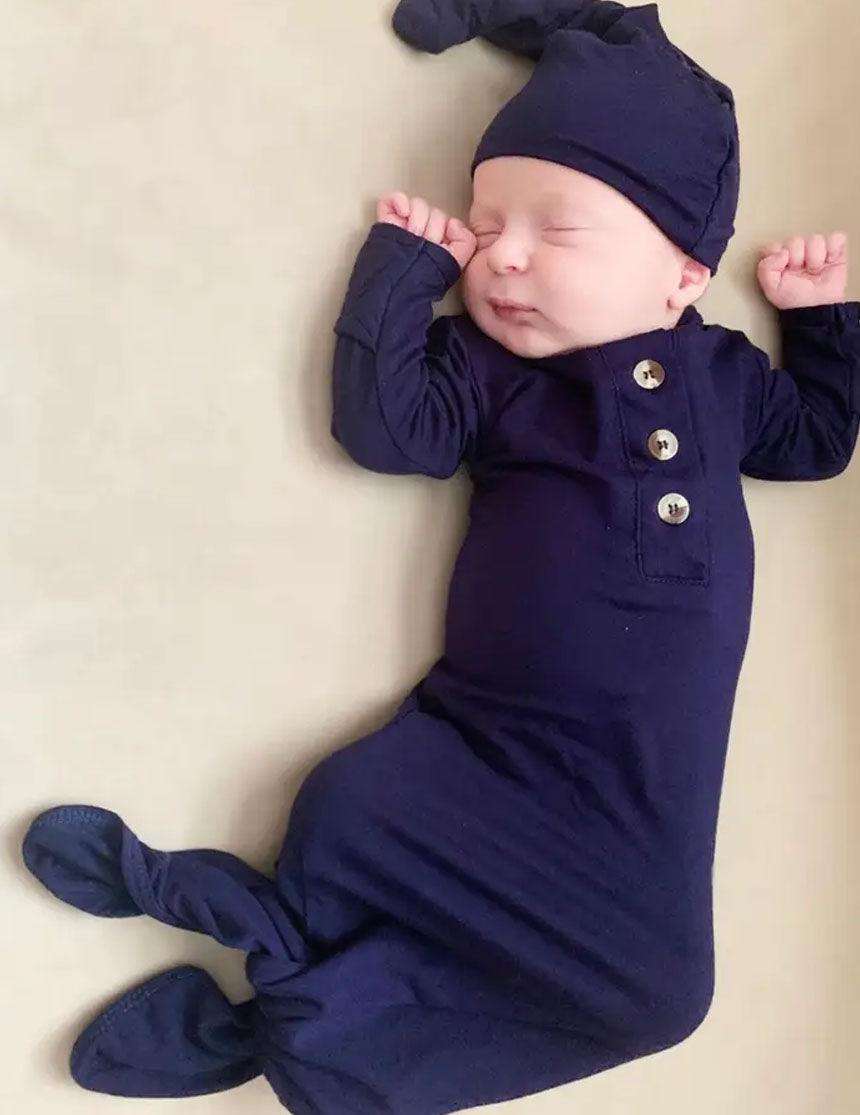 Emerson Newborn Knotted Gown Set - Navy | Milk & Baby