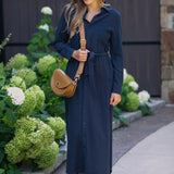 Essential Long Sleeve Linen Shirt Dress | Navy
