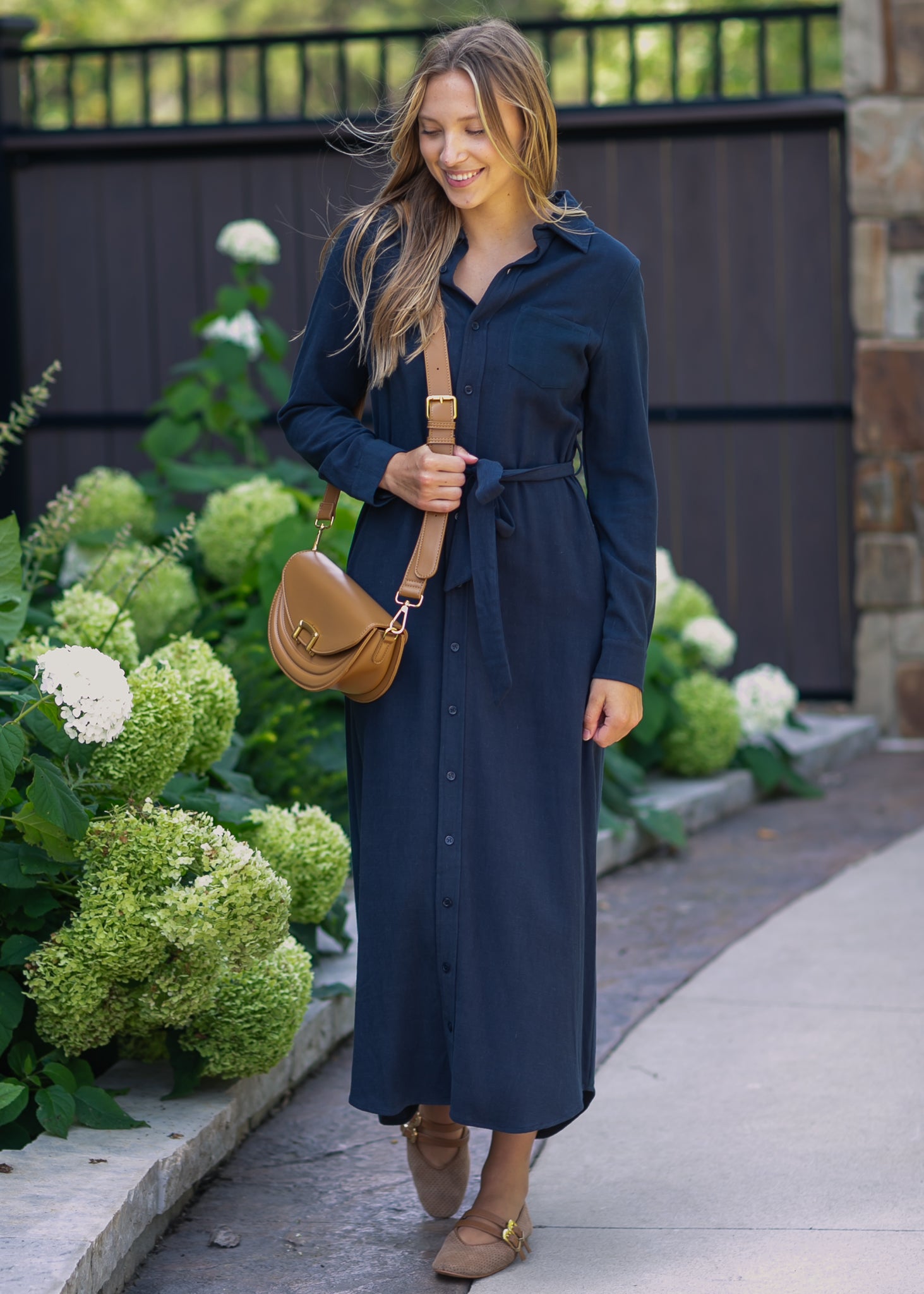 Essential Long Sleeve Linen Shirt Dress | Navy