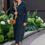 Essential Long Sleeve Linen Shirt Dress in Navy - detail