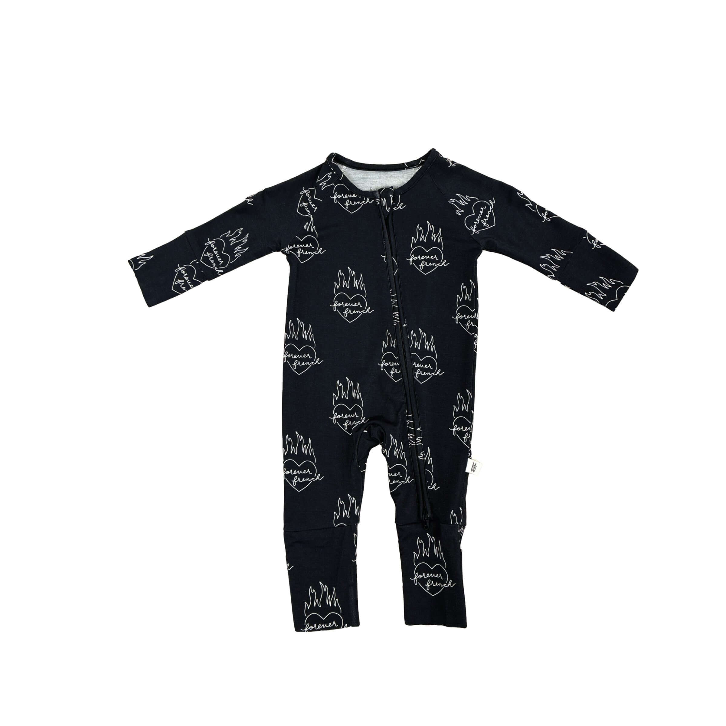 Flaming Hearts | Bamboo Zip Pajamas | Made of the softest premium bamboo. Durable and well designed your little ones can sleep and play in these cozy pajamas. All sizes have rollover cuffs on the hands and cuffs on the feet giving you the option to go foo