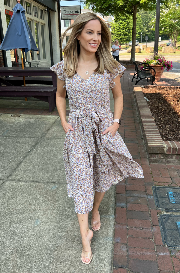 Belted Midi with Pockets- Beige Floral Milk & Baby