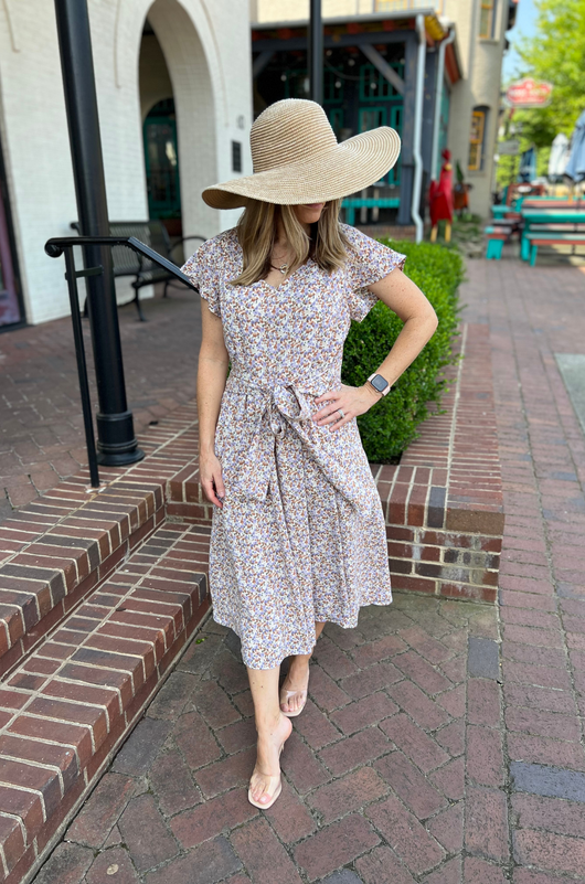 Belted Midi with Pockets- Beige Floral Milk & Baby