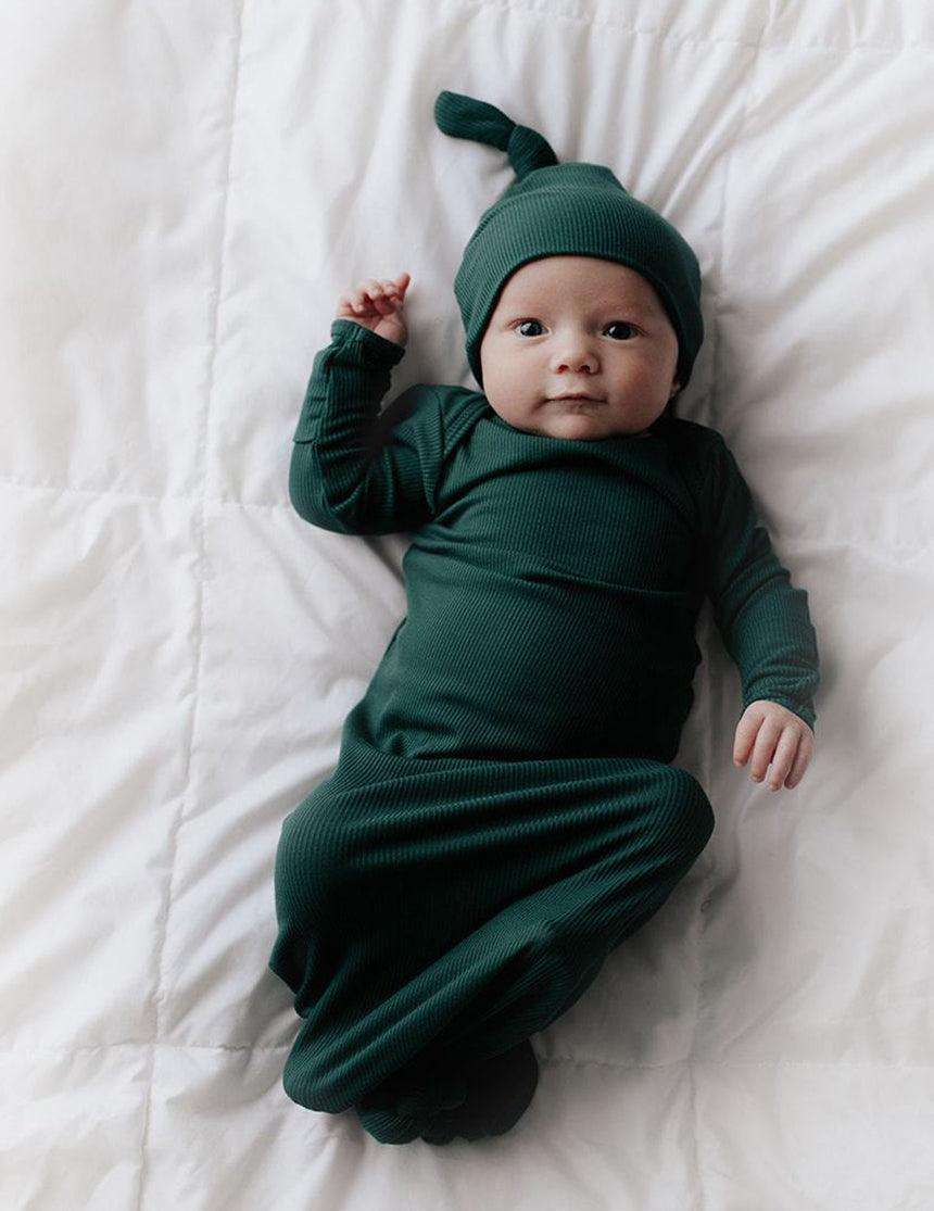 Forest Green Ribbed Knotted Gown Set | Milk & Baby