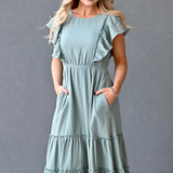 Cotton Gauze Ruffle Midi Dress in Seafoam Green