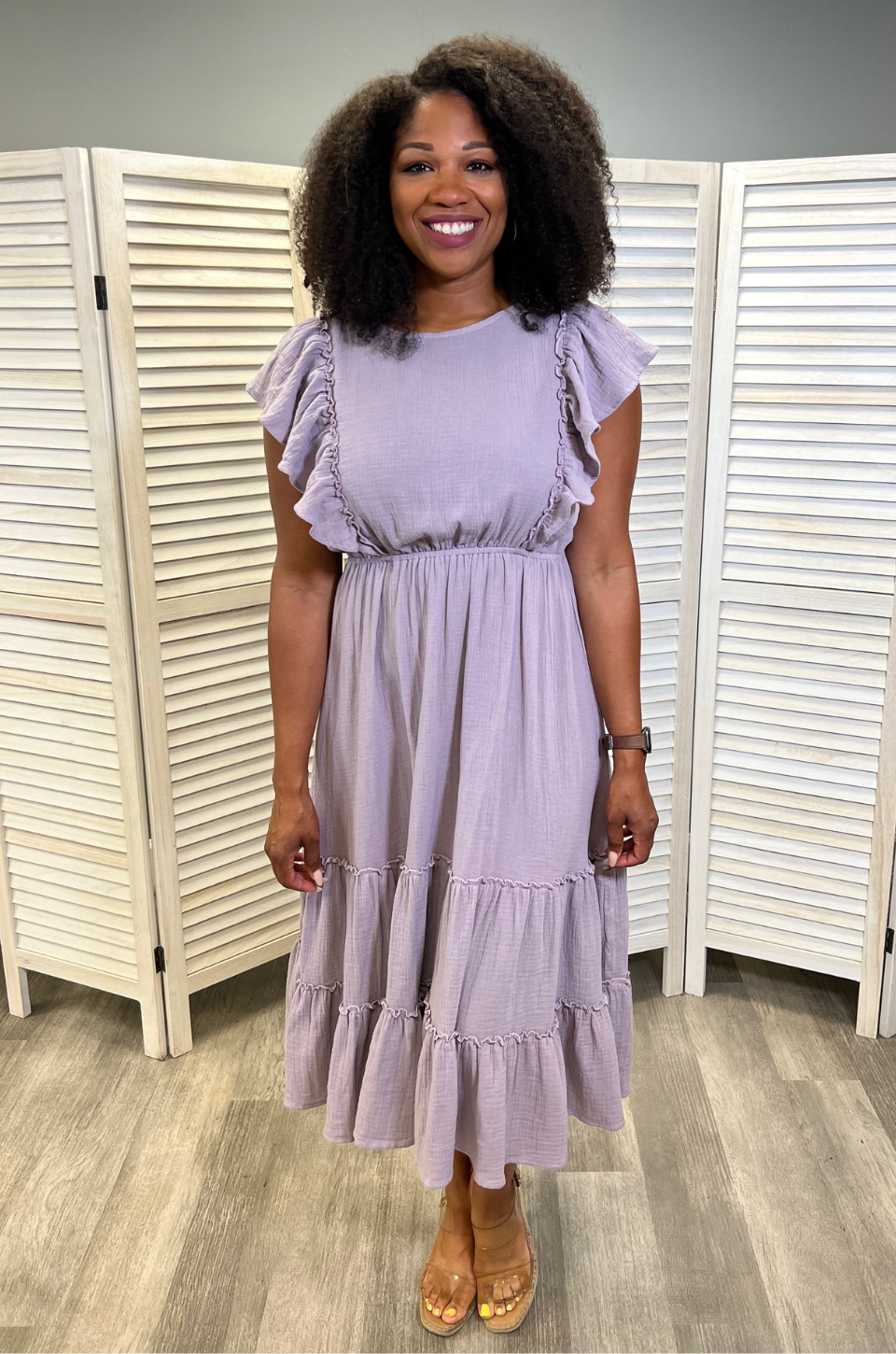 Cotton Gauze Ruffle Midi Dress in Lavender - ruffle detail