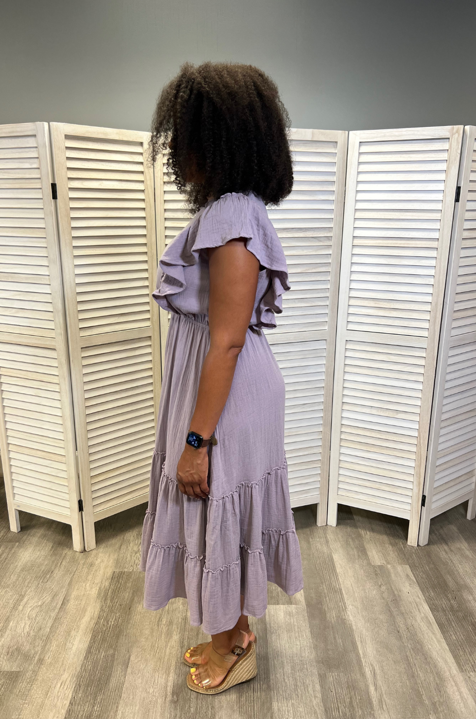 Cotton Gauze Ruffle Midi Dress in Lavender - flowy fit