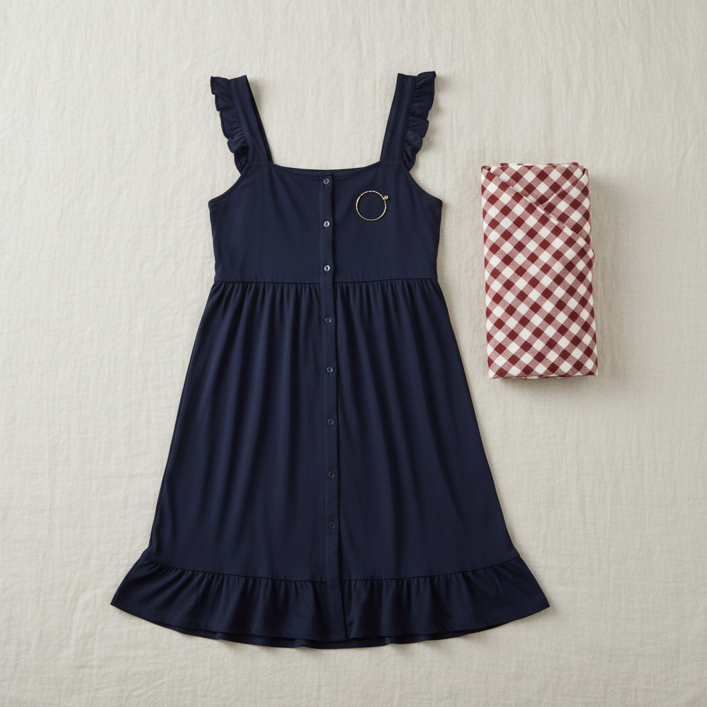 Grace Navy Nightgown - Red Gingham Swaddle Flat Lay