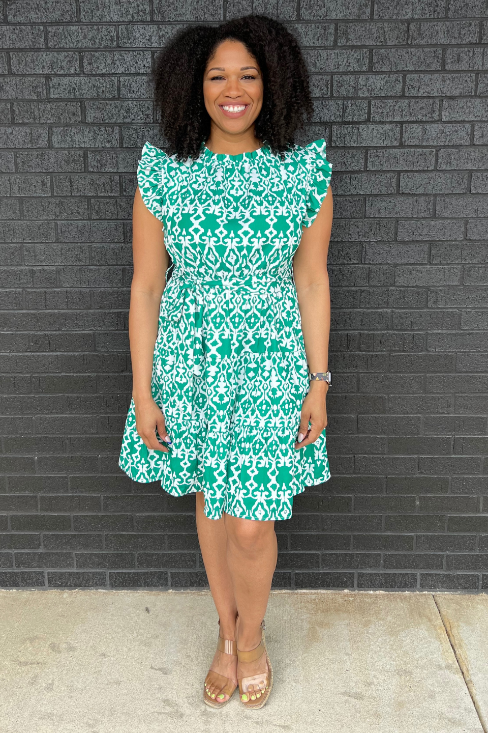 Belted Print Nursing Dress in Green - styled with sandals