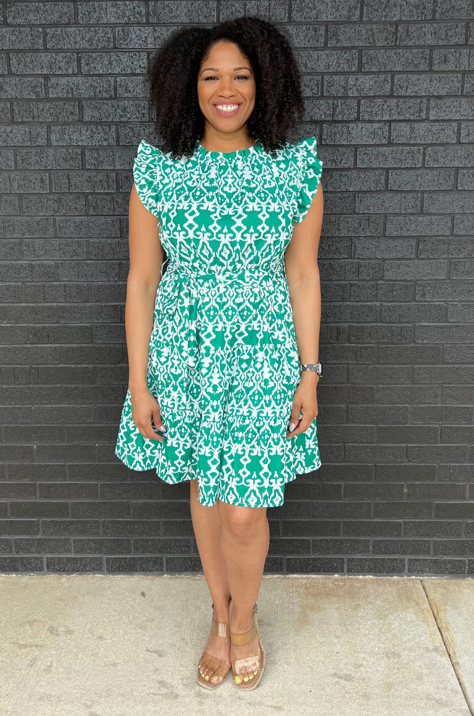 Belted Print Nursing Dress in Green - styled with sandals