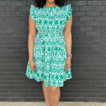 Belted Print Nursing Dress in Green - styled with sandals