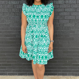 Belted Print Nursing Dress in Green - styled with sandals