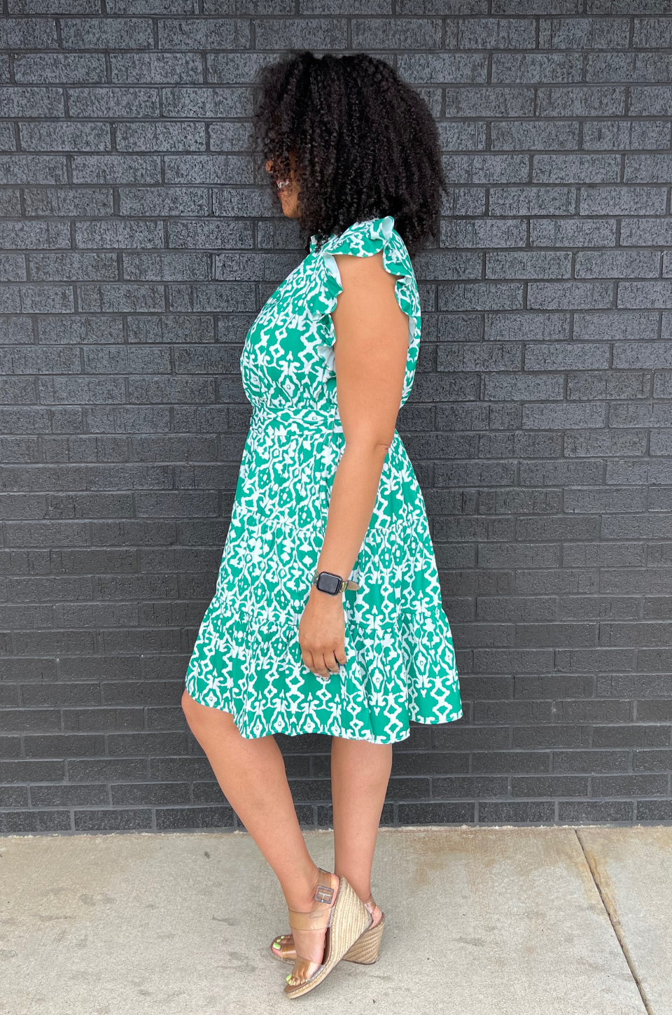 Belted Print Nursing Dress in Green - side drape