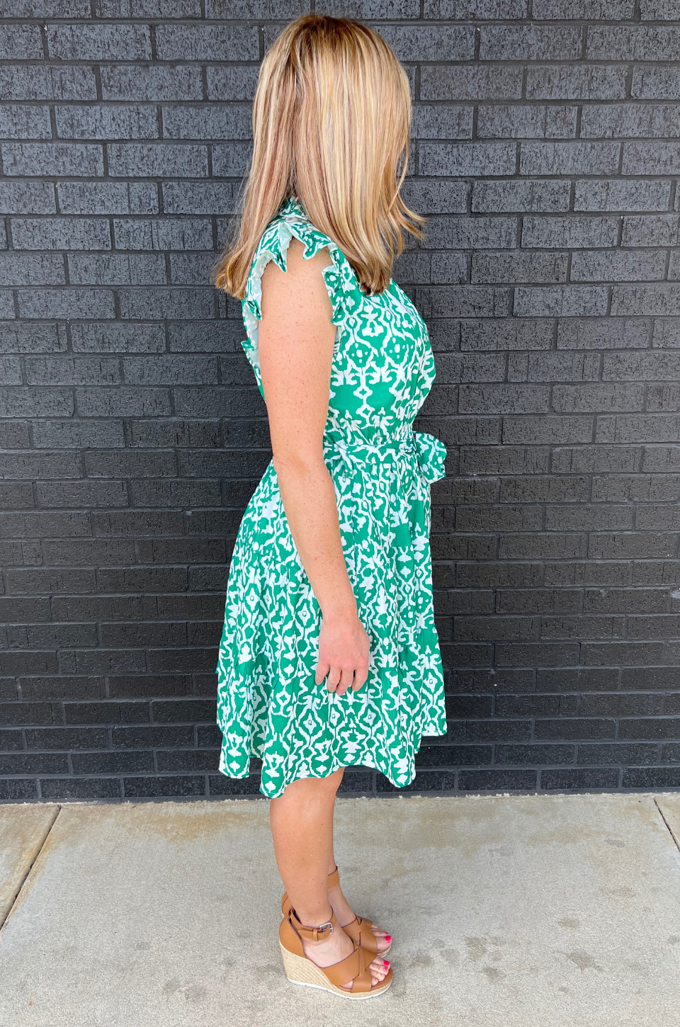 Belted Print Nursing Dress in Green - side