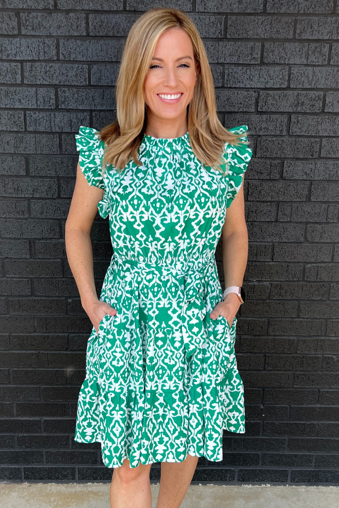 Belted Print Nursing Dress in Green - front